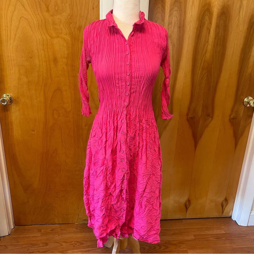 Alquema Fuschia pink crinkle style long sleeve button up midi dress NWT